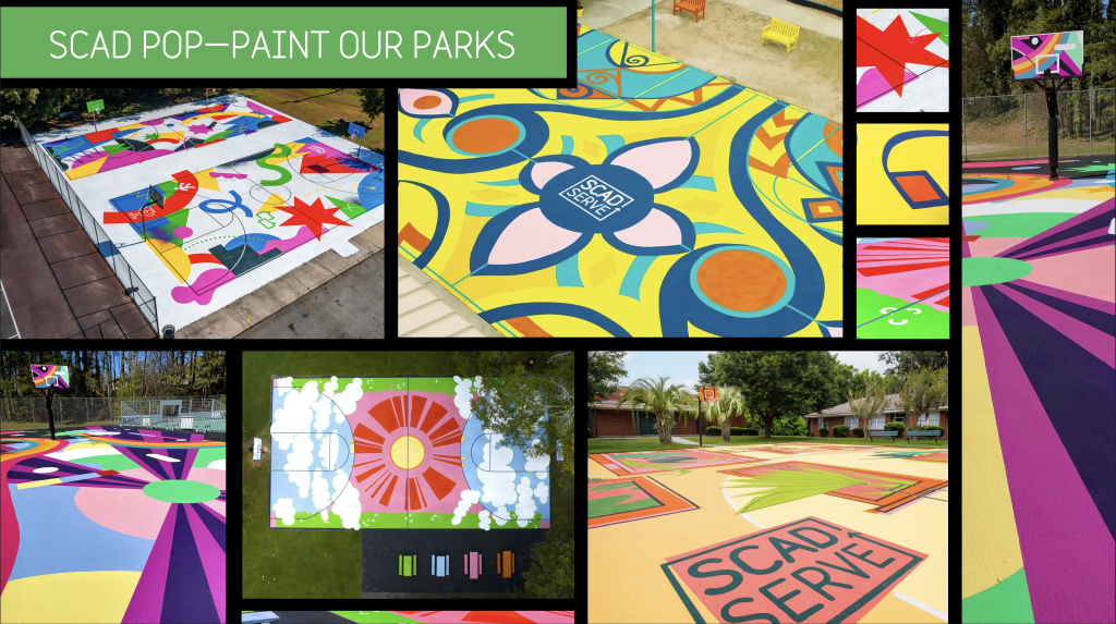 Collage of colorful, geometric murals painted on basketball court surfaces, with SCAD POP—PAINT OUR PARKS text.